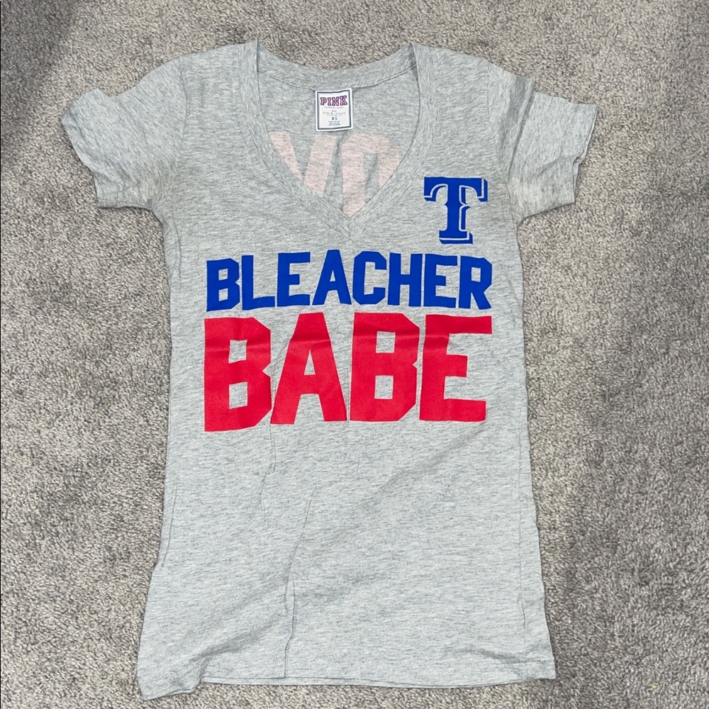 PINK Victoria's Secret Gray Tee with Bold Red and Blue Text